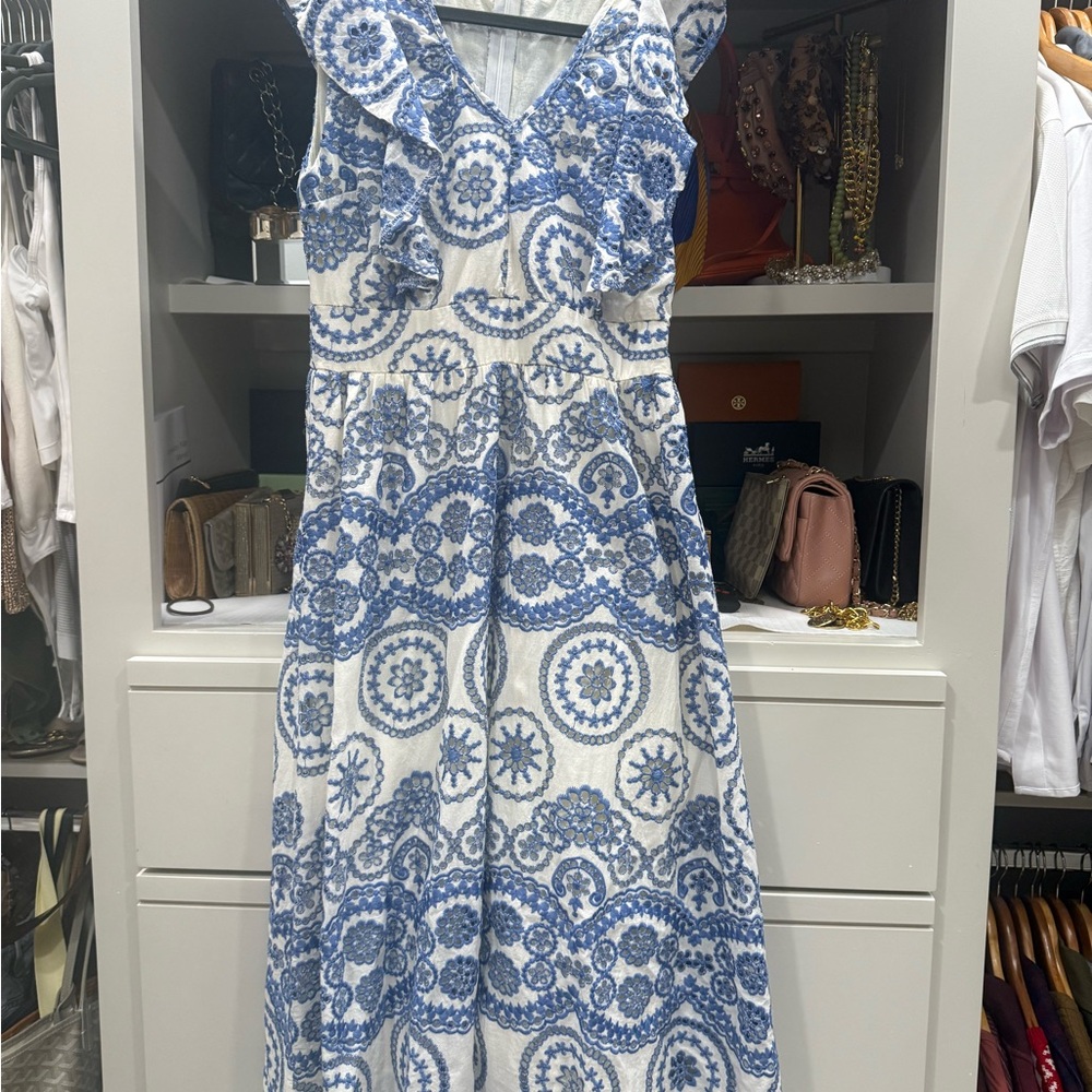 Blue & White Printed Midi Dress with Ruffle V-Neck